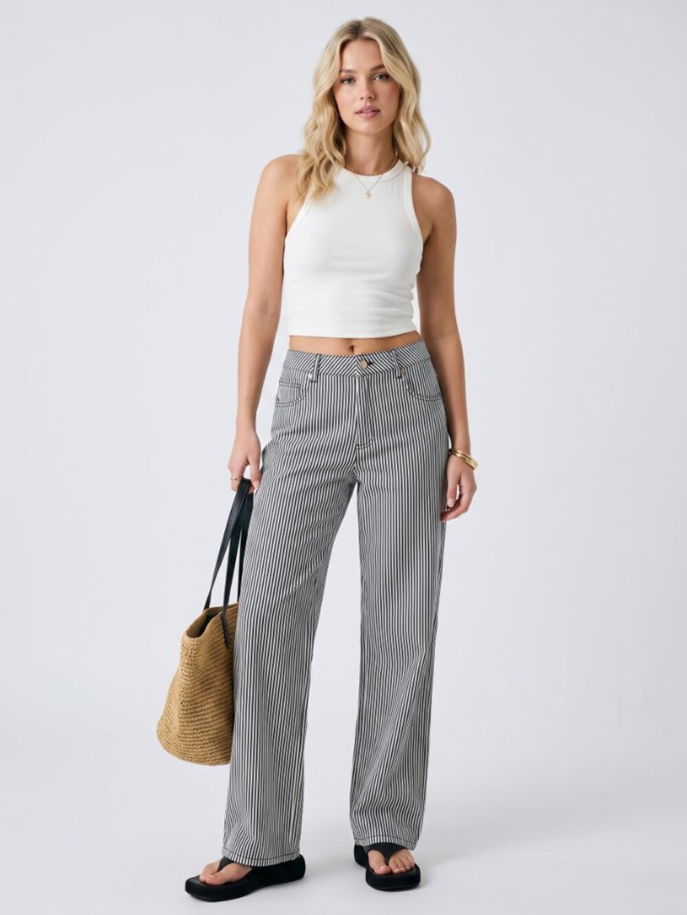 Women Striped Denim Low Rise Straight Leg Jeans Casual Cotton Chic Pants - Picture 4 of 6